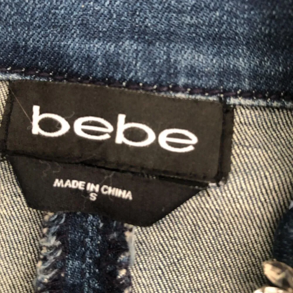 Bebe Rhinestone Embellished Stretchy Retro Y2K Denim‎ Moto Jacket Size S - Picture 12 of 14